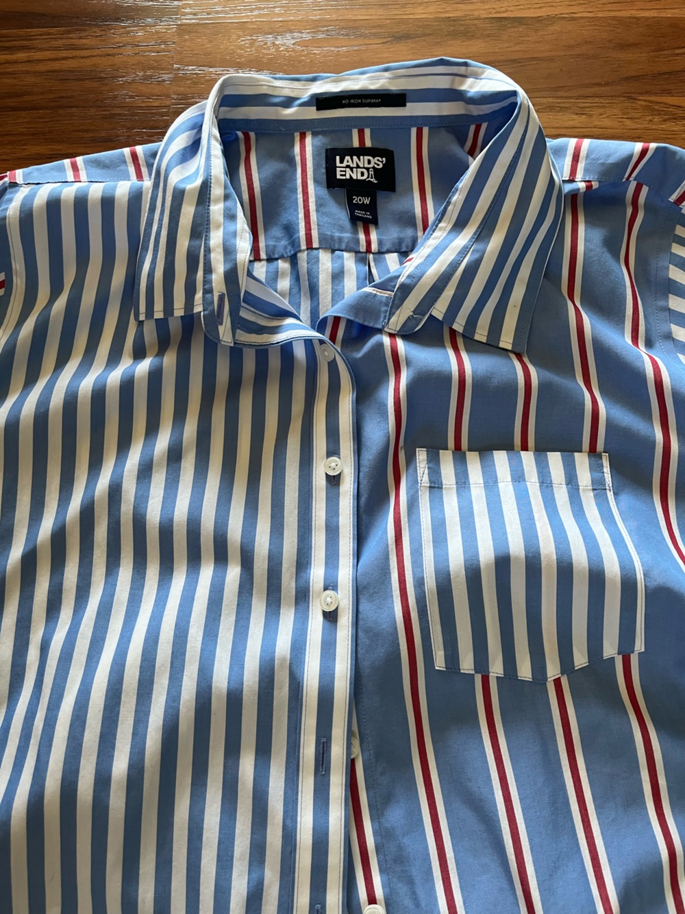Lands' End Blue and White Multi-Stripe Button-Down Shirt with Red Accents - Picture 3 of 7